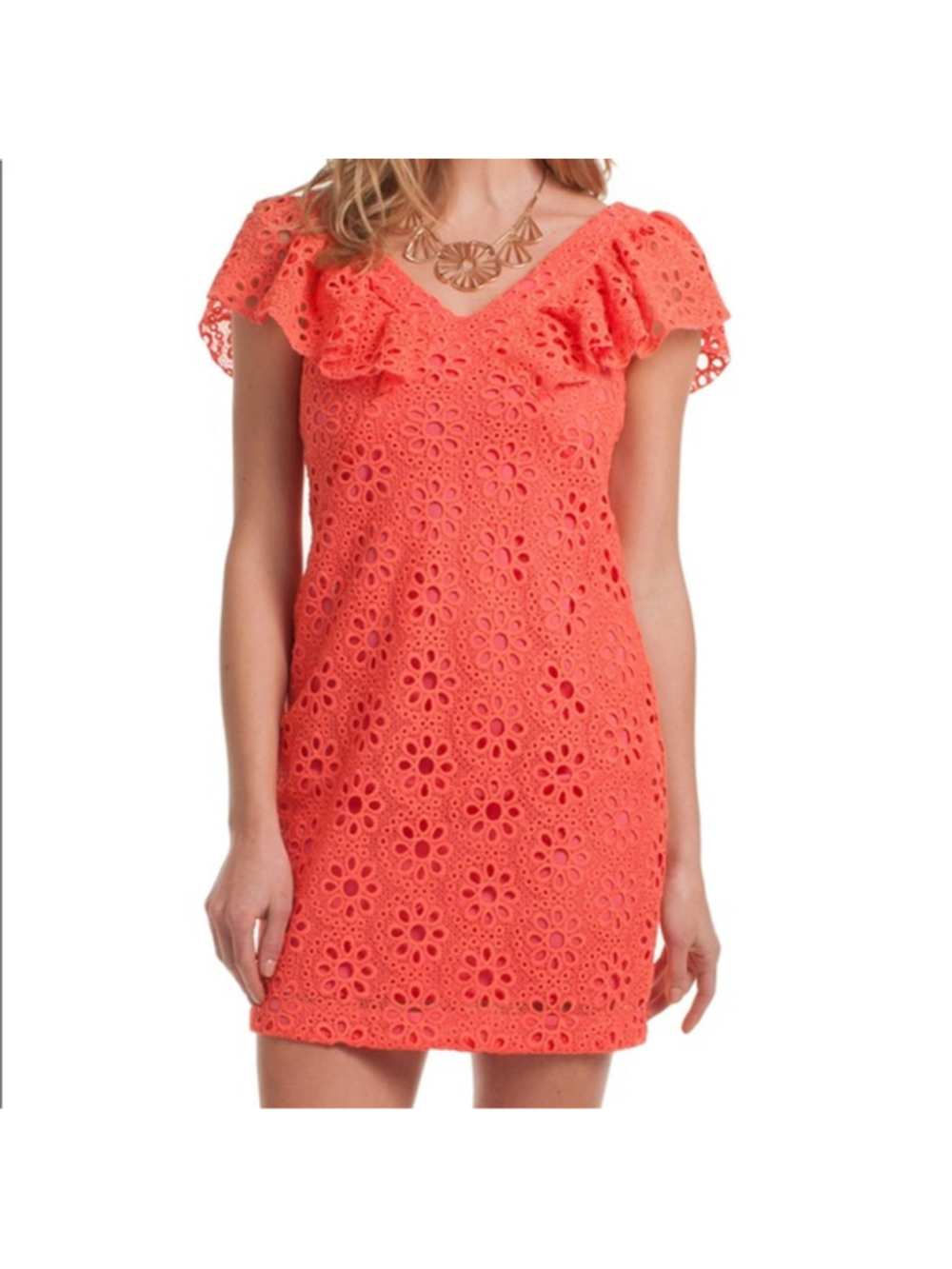 TRINA TURK Neriah CORAL Eyelet Ruffle Mini Dress WOMENS L 12 14